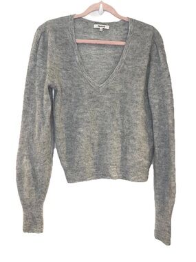 Madewell Sweater Deep V Neck Alpaca Blend Lightweight Ribbed Puff Shoulder Sz L